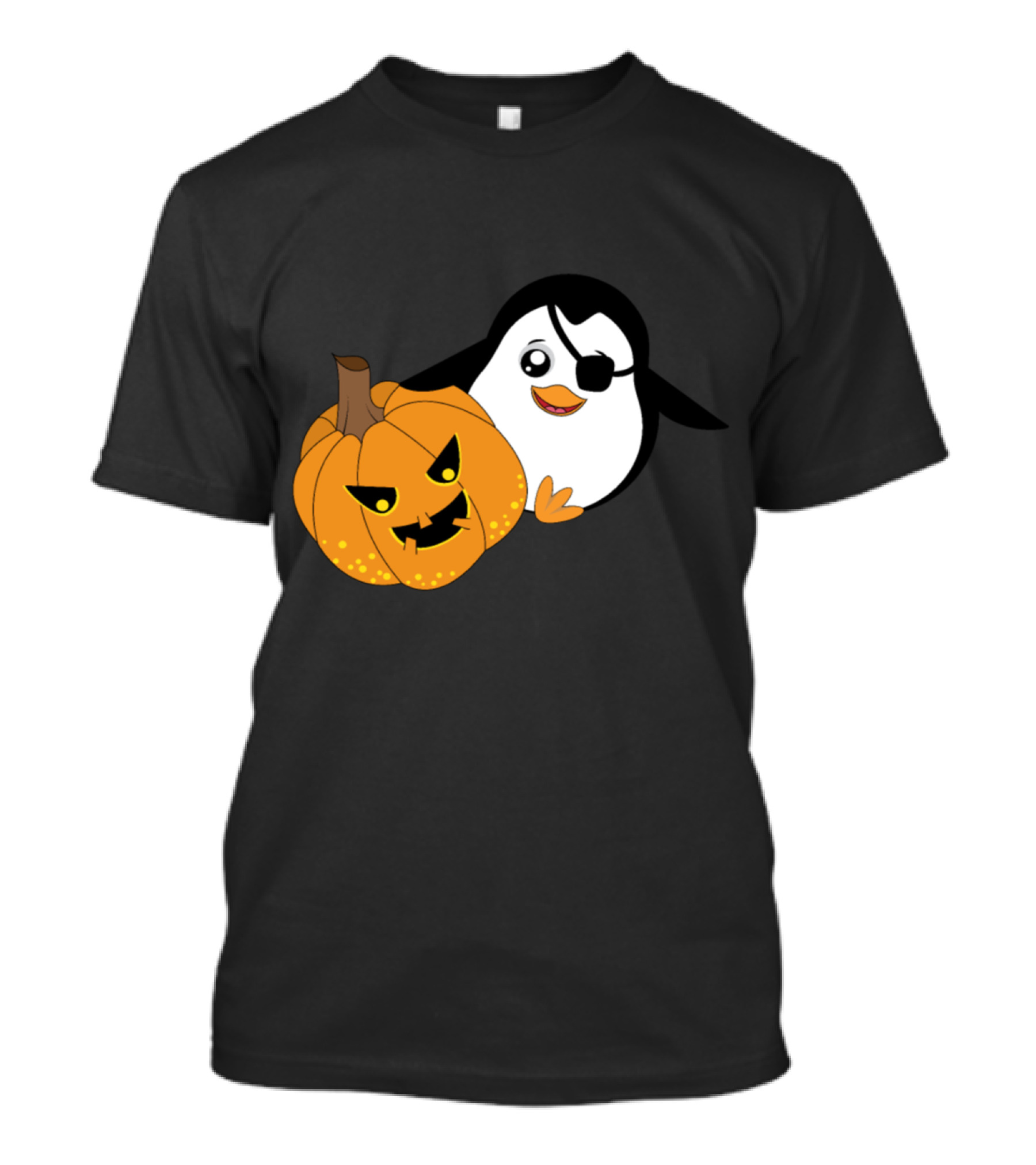 Penguin Pirate And Halloween Pumpkin Cartoon T-Shirt