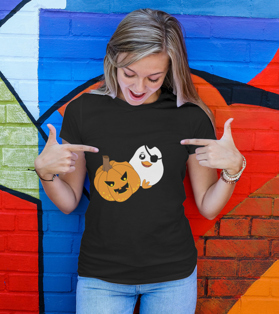 Penguin Pirate And Halloween Pumpkin Cartoon T-Shirt