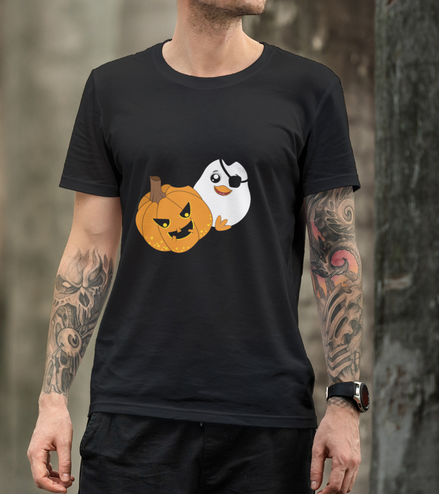 Penguin Pirate And Halloween Pumpkin Cartoon T-Shirt
