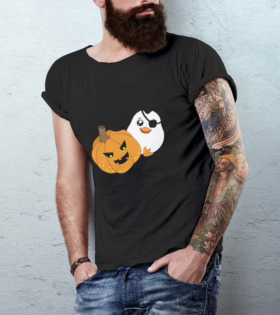 Penguin Pirate And Halloween Pumpkin Cartoon T-Shirt