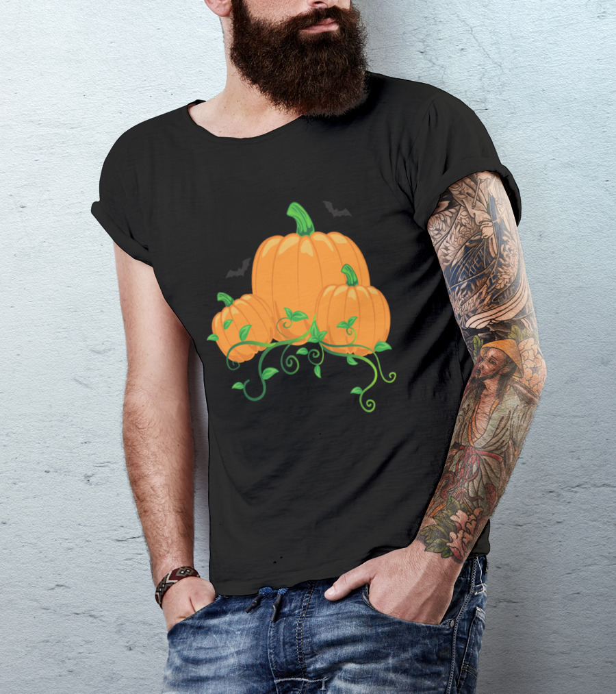 Trio Of Pumpkins With Green Vines And Subtle Bat Accents T-Shirt