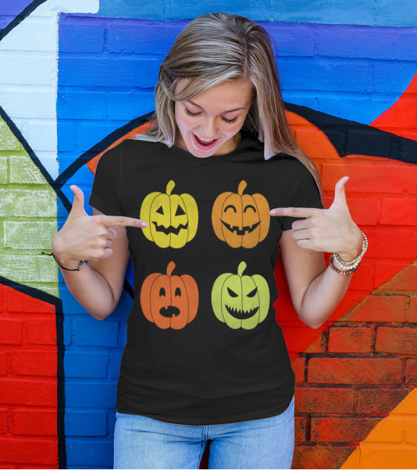 Vibrant Halloween Pumpkin Faces With Spooky Expressions T-Shirt