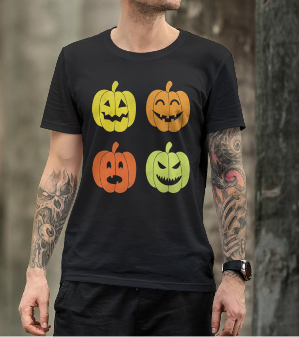 Vibrant Halloween Pumpkin Faces With Spooky Expressions T-Shirt