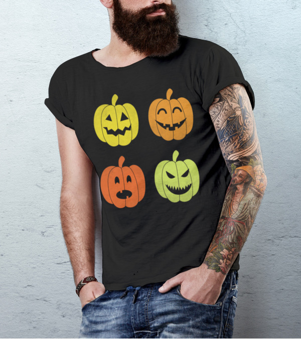 Vibrant Halloween Pumpkin Faces With Spooky Expressions T-Shirt