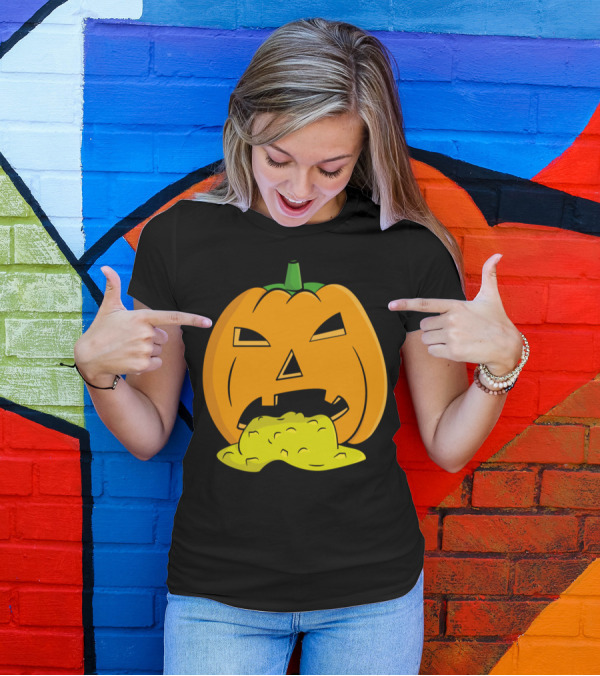 Puking Pumpkin Halloween Jack-O'-Lantern Face With Vomiting Expression T-Shirt