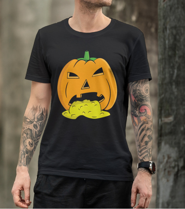 Puking Pumpkin Halloween Jack-O'-Lantern Face With Vomiting Expression T-Shirt