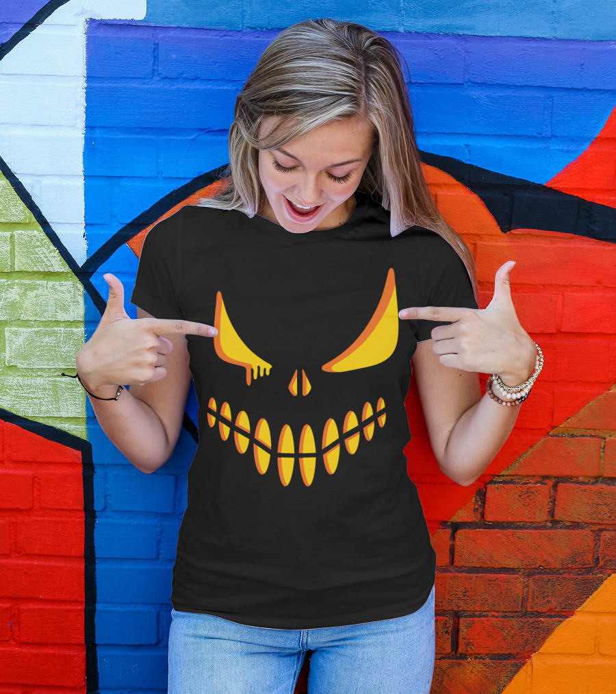 Evil Grinning Pumpkin Face With Glowing Yellow Eyes And Sharp Teeth T-Shirt