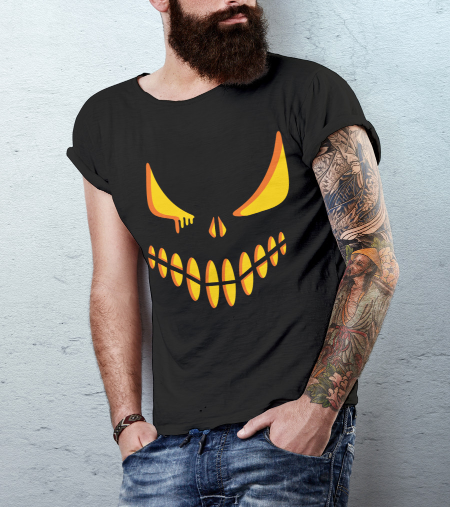Evil Grinning Pumpkin Face With Glowing Yellow Eyes And Sharp Teeth T-Shirt