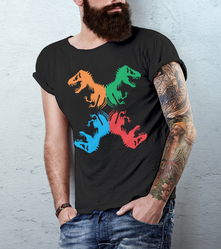 Multicolor Dinosaur Skeleton Pop Art Quadrant T-Shirt