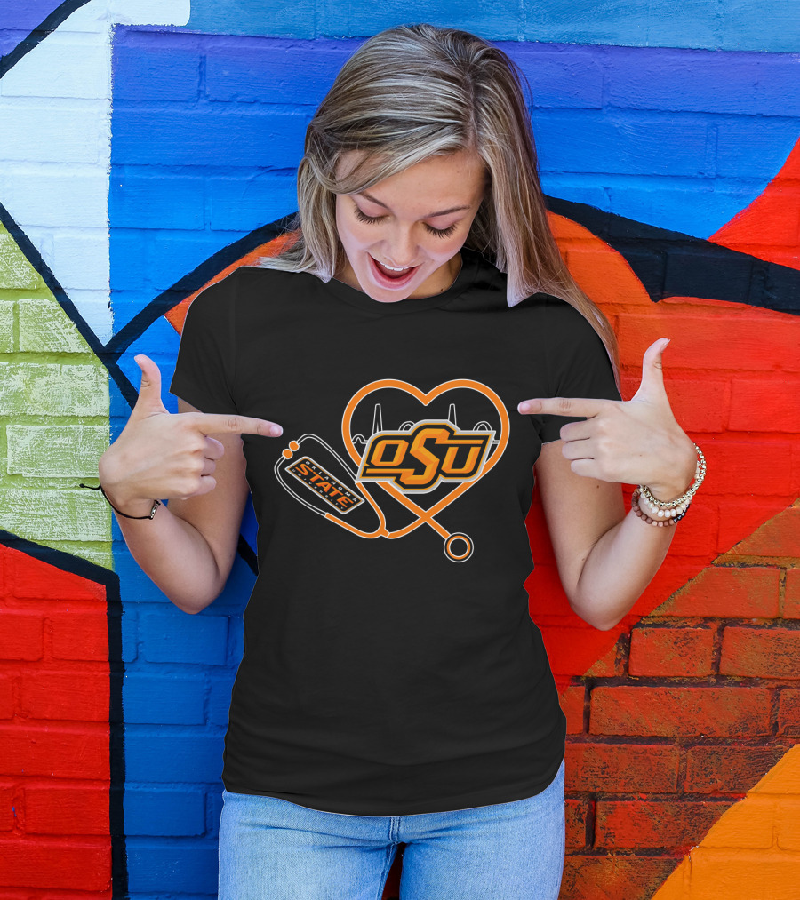 OSU Oklahoma State Cowboys Heartbeat Stethoscope T-Shirt
