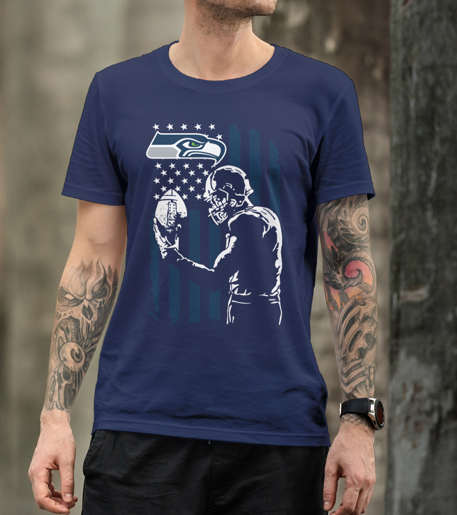 Seattle Seahawks Football Player Stars Stripes Helmet T-Shirt