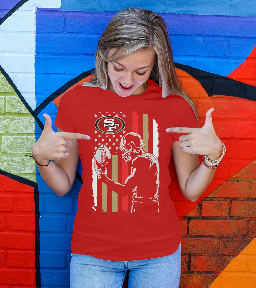 San Francisco 49ers Football Player With Logo And American Flag T-Shirt
