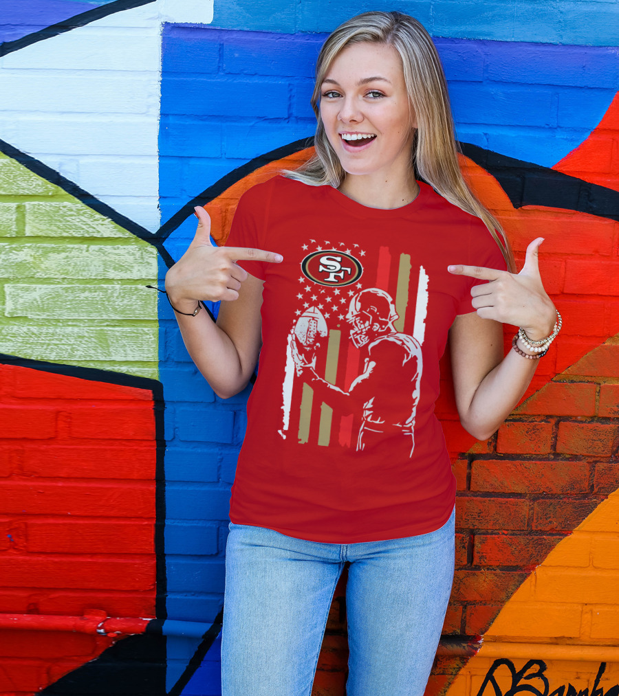 San Francisco 49ers Football Player With Logo And American Flag T-Shirt