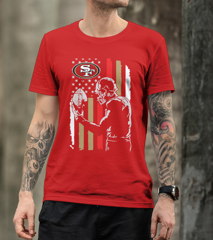 San Francisco 49ers Football Player With Logo And American Flag T-Shirt