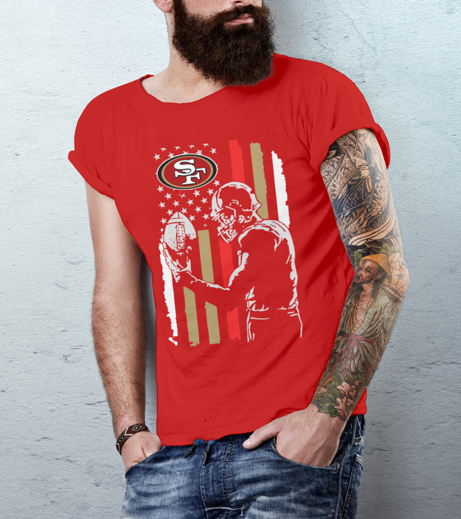 San Francisco 49ers Football Player With Logo And American Flag T-Shirt