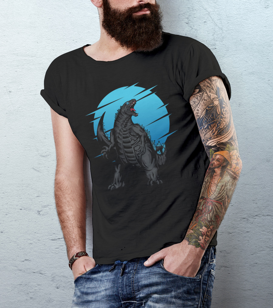 Giant Roaring Monster Silhouette Against Blue Circle Background T-Shirt