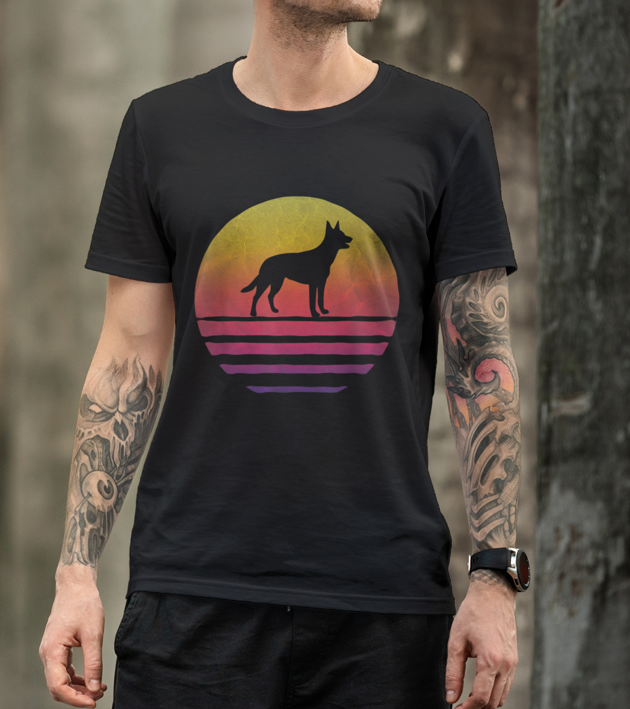 Retro Vintage Sunset Silhouette Of Australian Kelpie Dog Breed T-Shirt