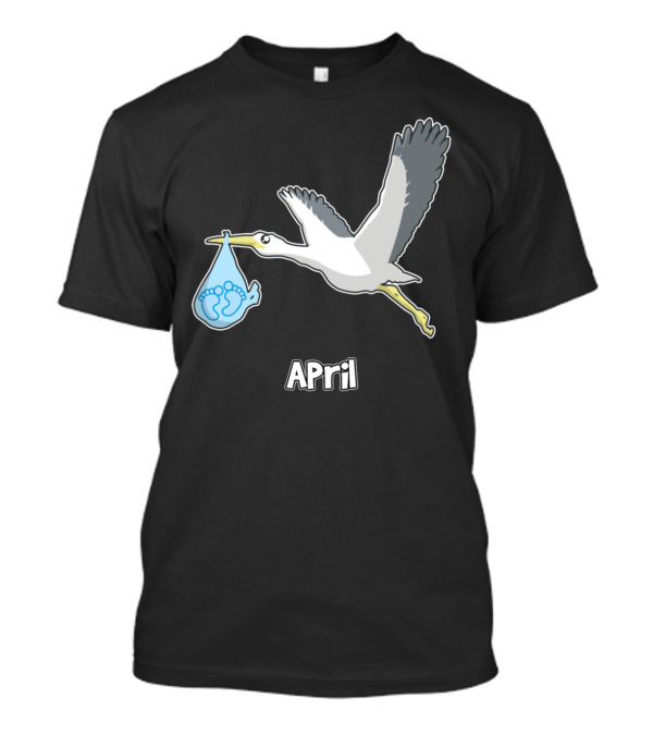 April Baby Shower Boy With Stork Carrying Baby Feet T-Shirt