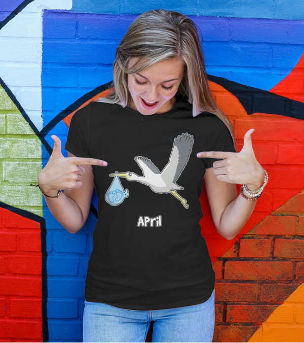 April Baby Shower Boy With Stork Carrying Baby Feet T-Shirt