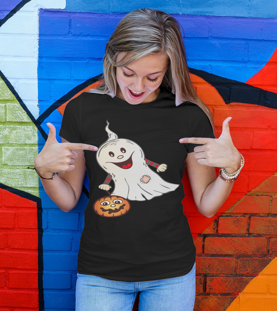 Cheerful Halloween Ghost With Smiling Pumpkin T-Shirt