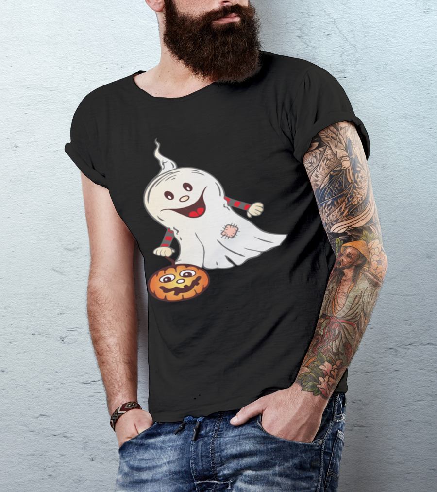 Cheerful Halloween Ghost With Smiling Pumpkin T-Shirt