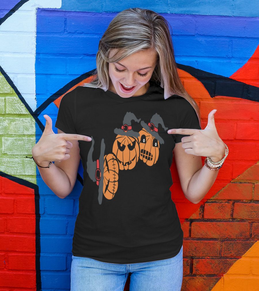 Spooky Pumpkin Trio With Witch Hats And Eerie Faces T-Shirt
