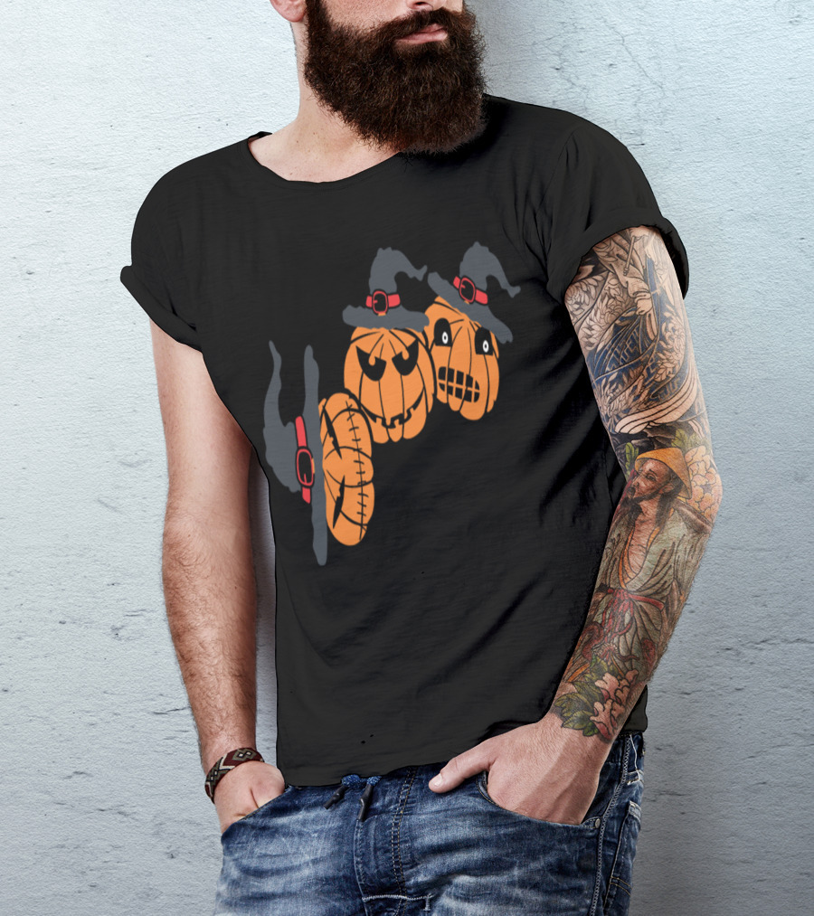 Spooky Pumpkin Trio With Witch Hats And Eerie Faces T-Shirt