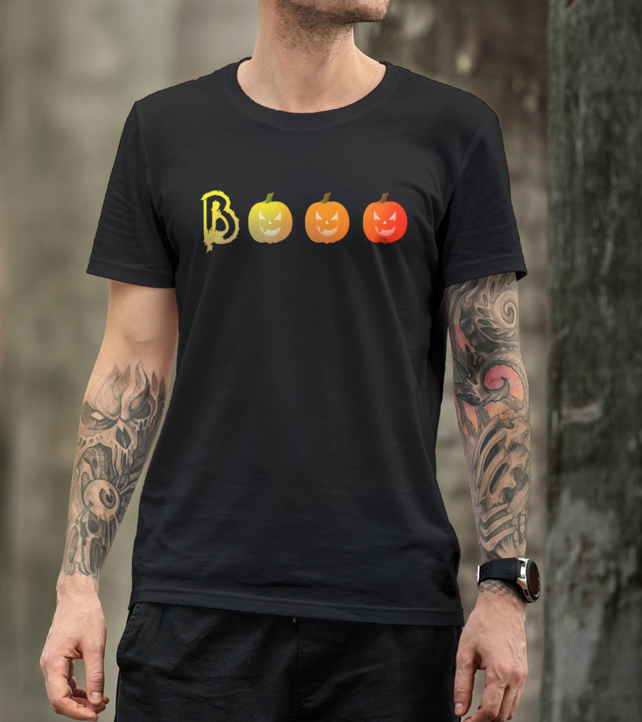 BOOO With Yellow To Red Gradient Pumpkins Halloween T-Shirt