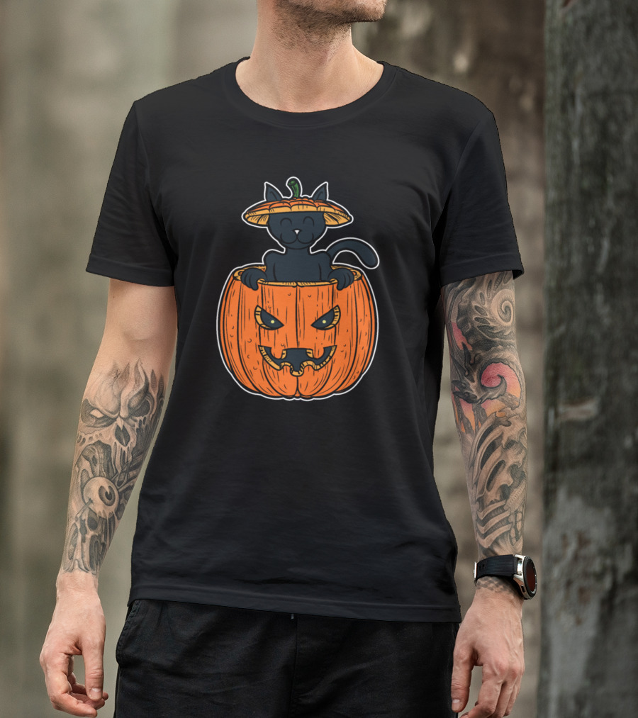Black Cat Popping Out Of Jack-O'-Lantern T-Shirt