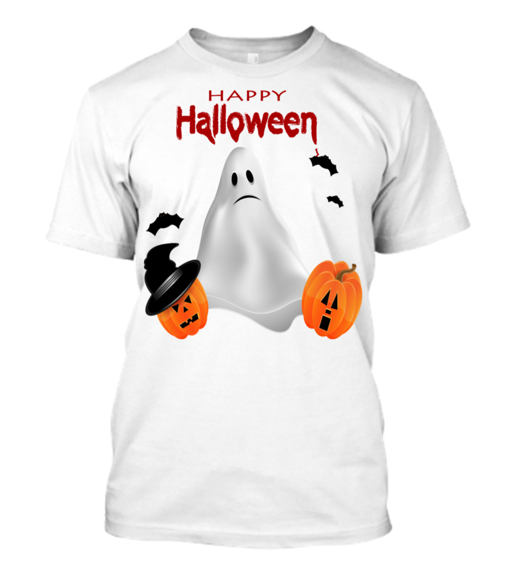 Happy Halloween Ghost With Pumpkin Faces And Bats T-Shirt