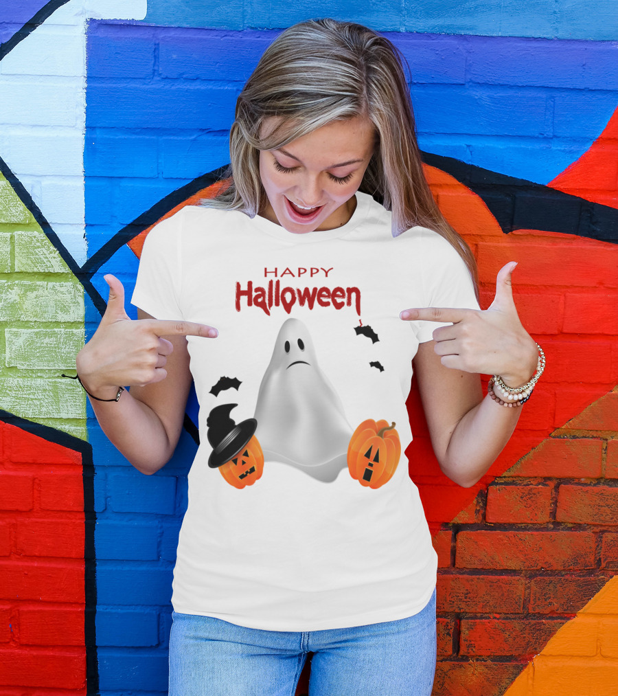 Happy Halloween Ghost With Pumpkin Faces And Bats T-Shirt