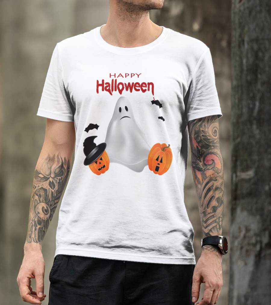 Happy Halloween Ghost With Pumpkin Faces And Bats T-Shirt
