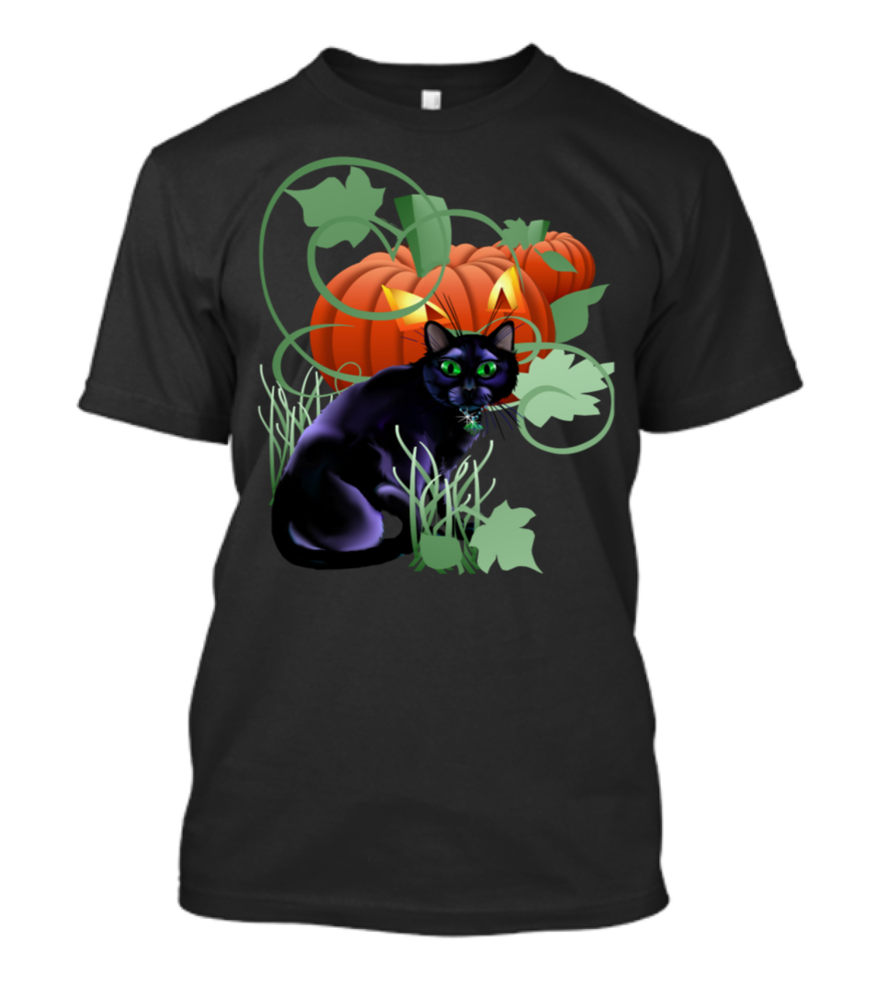 Black Cat With Green Eyes And Glowing Pumpkin With Leaves T-Shirt