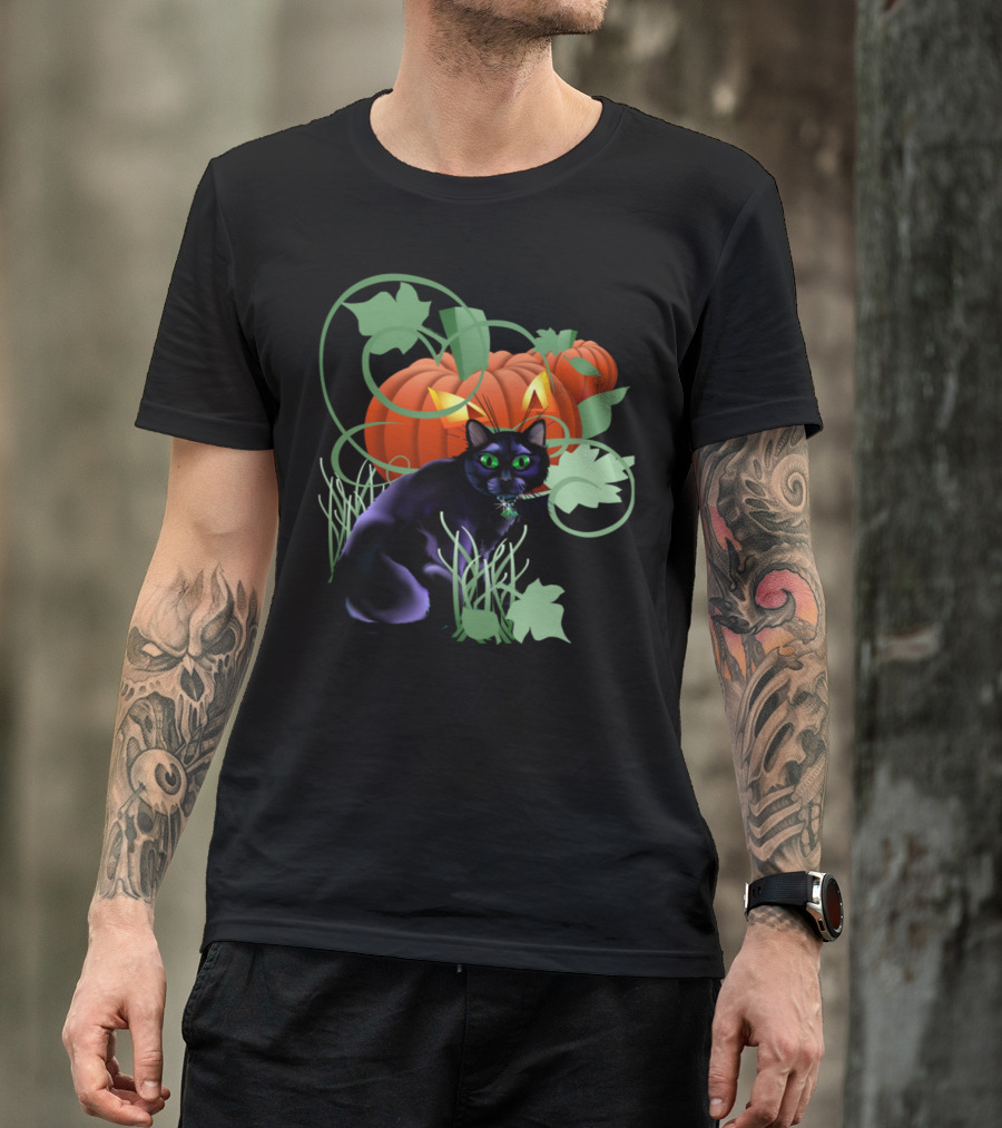 Black Cat With Green Eyes And Glowing Pumpkin With Leaves T-Shirt