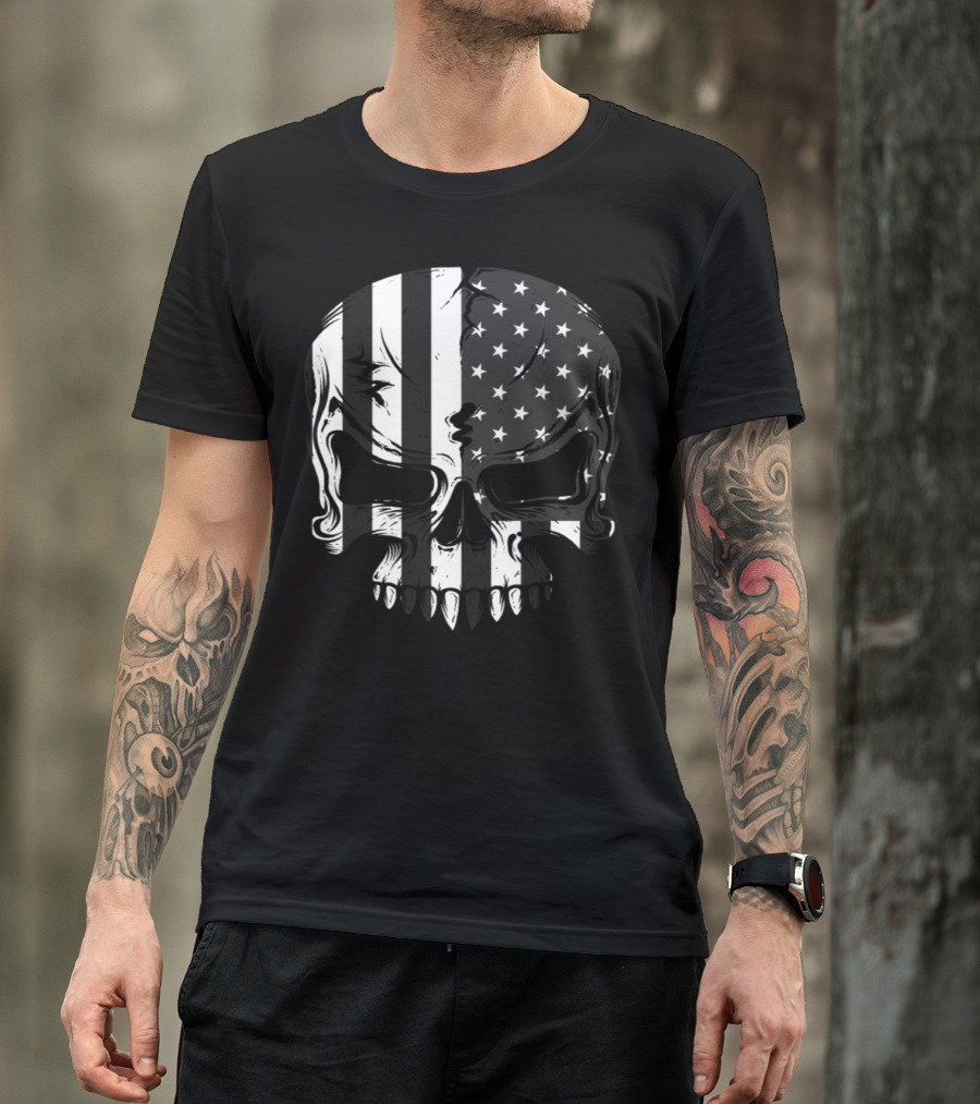 American Flag Skull Grey And White T-Shirt
