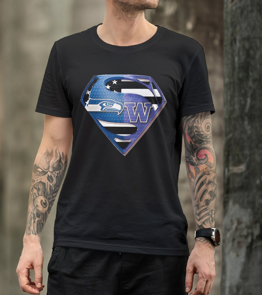 Superman Seattle Seahawks Washington Huskies Logo Combination T-Shirt