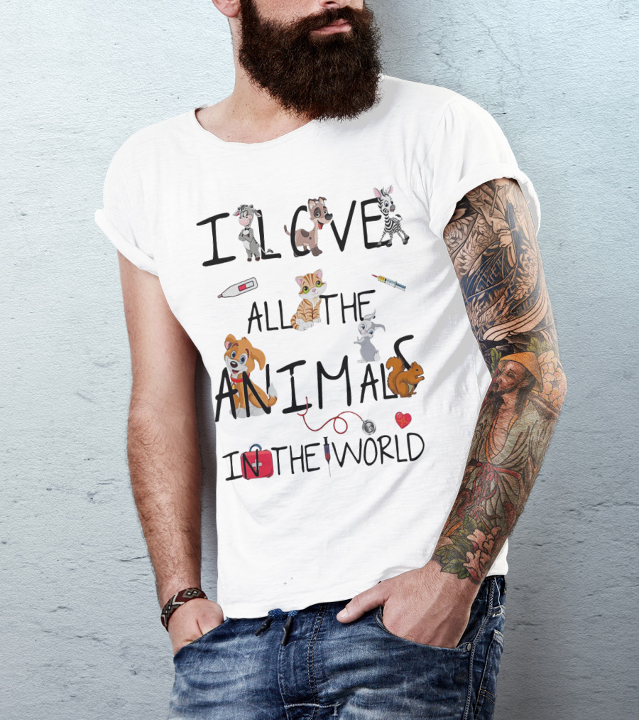 I Love All The Animals In The World Vet Theme With Cute Cartoon Animals And Medical Tools T-Shirt