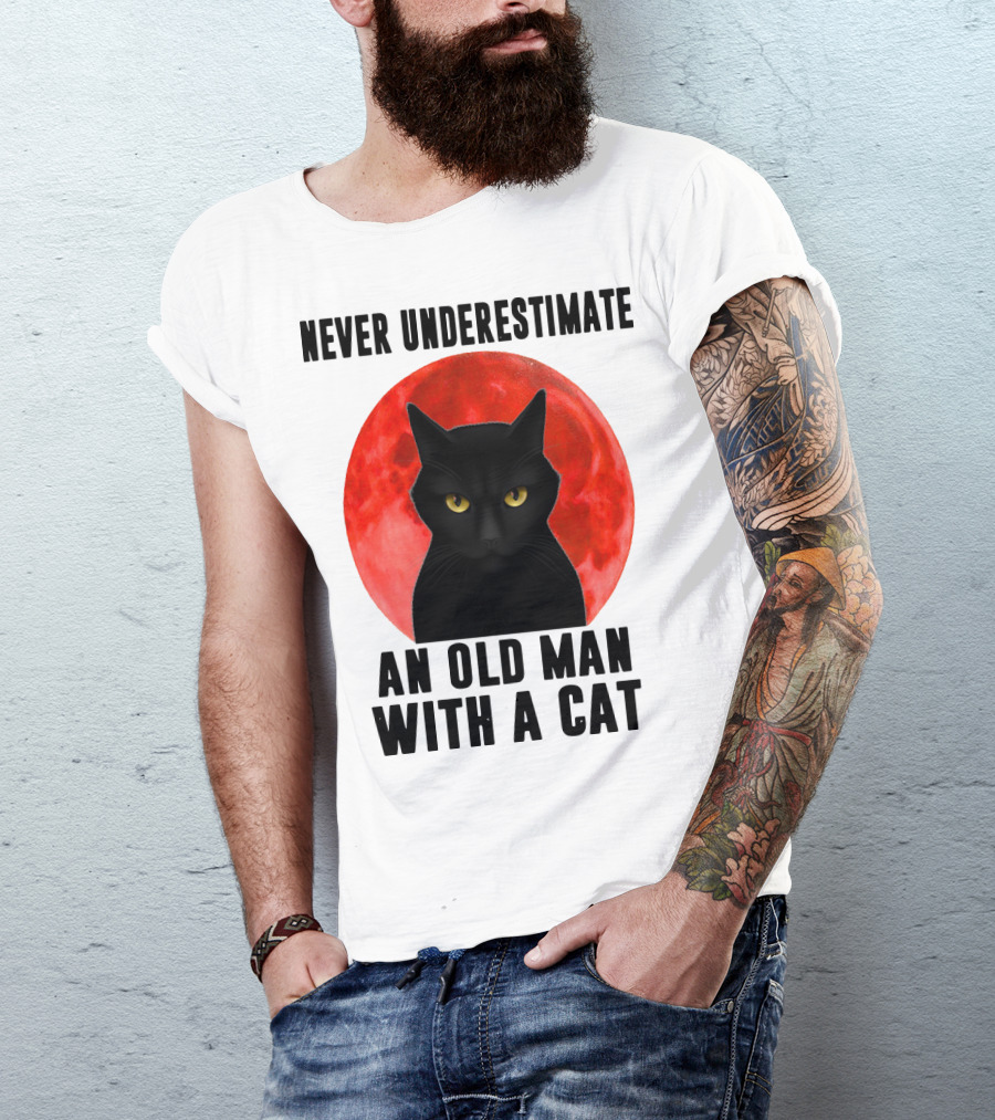 Never Underestimate An Old Man With A Cat Black Cat Red Moon T-Shirt