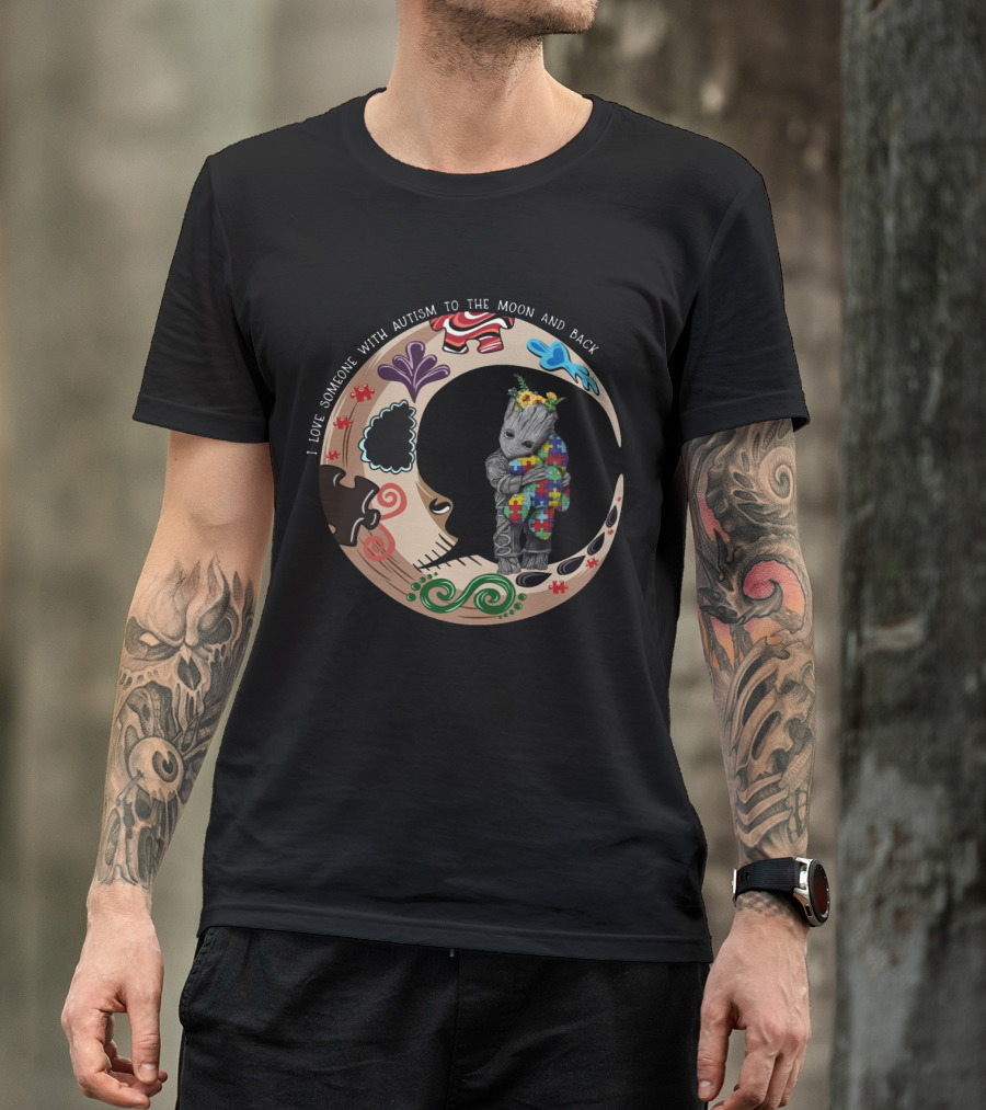 Baby Groot Holding Autism Puzzle Blanket In Vibrant Moon Circle I Love Someone With Autism To The Moon And Back T-Shirt