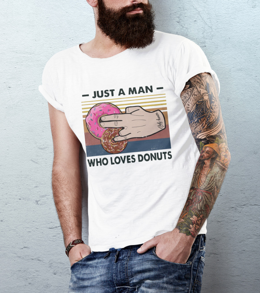 Retro Just A Man Who Loves Donuts With Hand Holding Pink And Brown Donuts T-Shirt