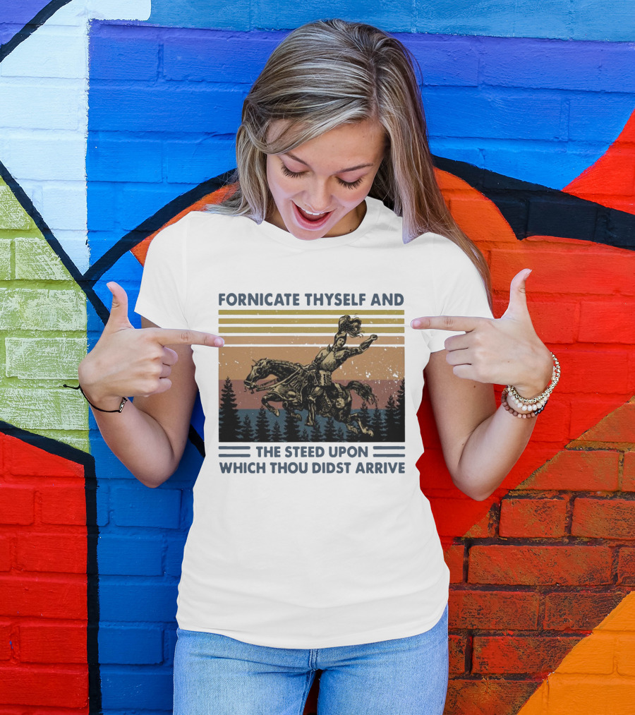 Vintage Fornicate Thyself And The Steed Upon Which Thou Didst Arrive Retro Rider Forest Stripes T-Shirt