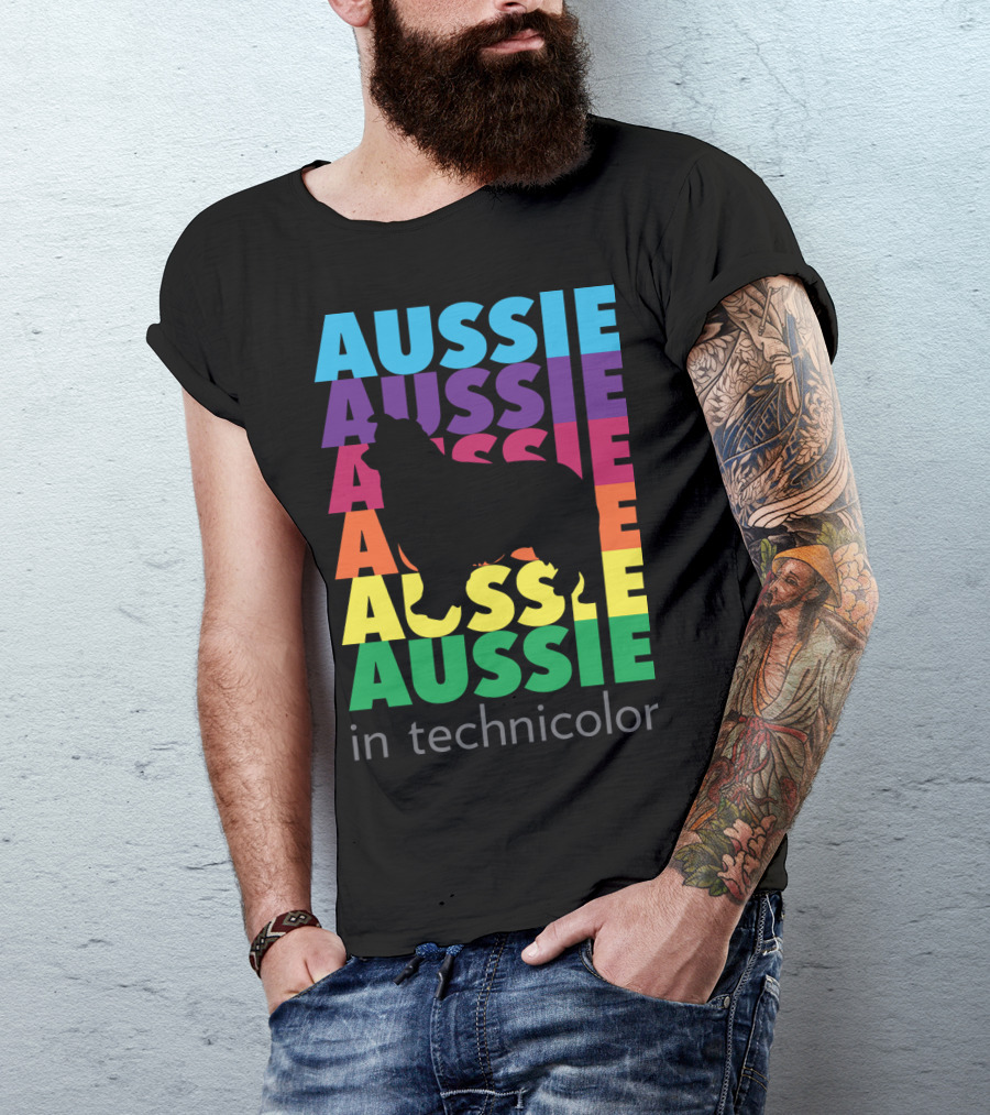 Aussie Technicolor Rainbow Silhouette Text Pattern With Dog Shape T-Shirt