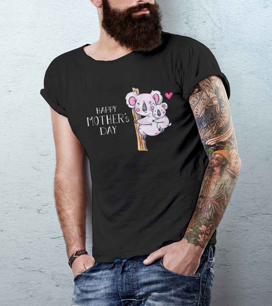Happy Mother's Day Cute Cartoon Koala Bear Mama With Heart And Baby T-Shirt