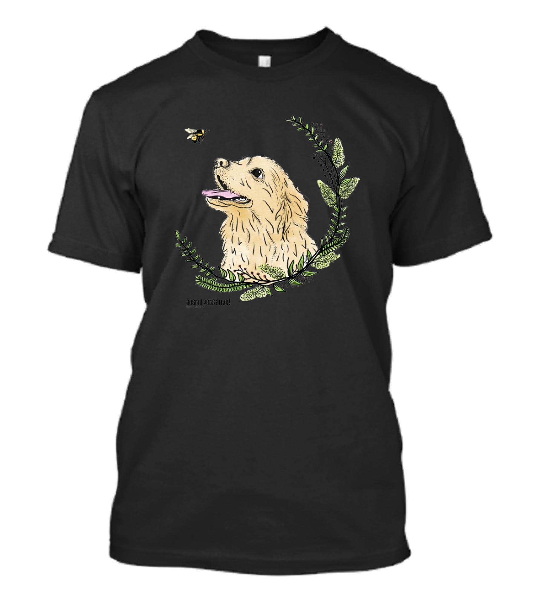 Golden Retriever Dog And Bumblebee Encounter Amidst Greenery By Aussome Arts T-Shirt
