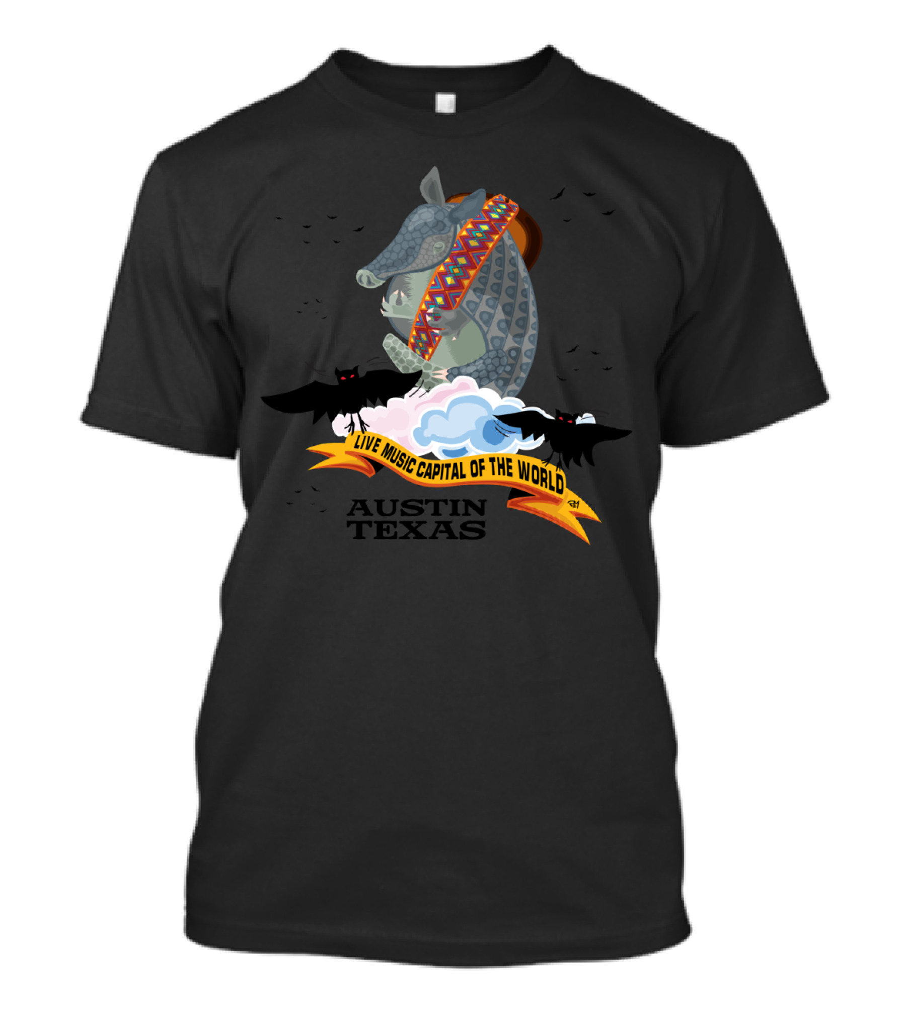 Austin Texas Armadillo Live Music Capital Of The World Banner With Bats And Clouds T-Shirt