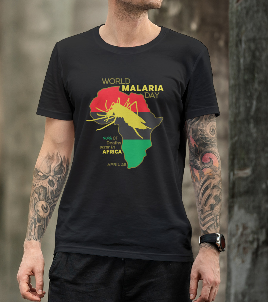 World Malaria Day April 25 Africa 90% Of Deaths Occur Yellow Mosquito Map T-Shirt