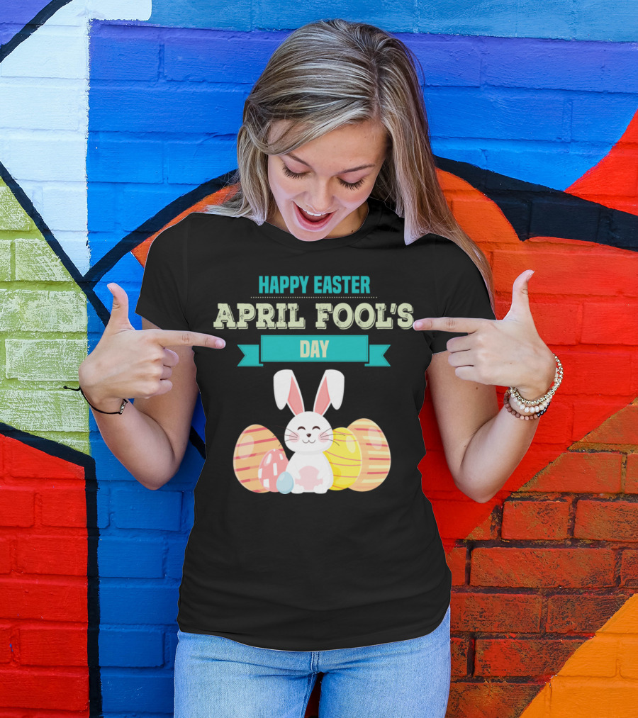 Happy Easter April Fool's Day Bunny With Striped Eggs T-Shirt