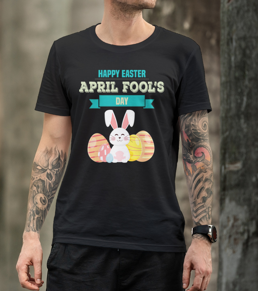 Happy Easter April Fool's Day Bunny With Striped Eggs T-Shirt