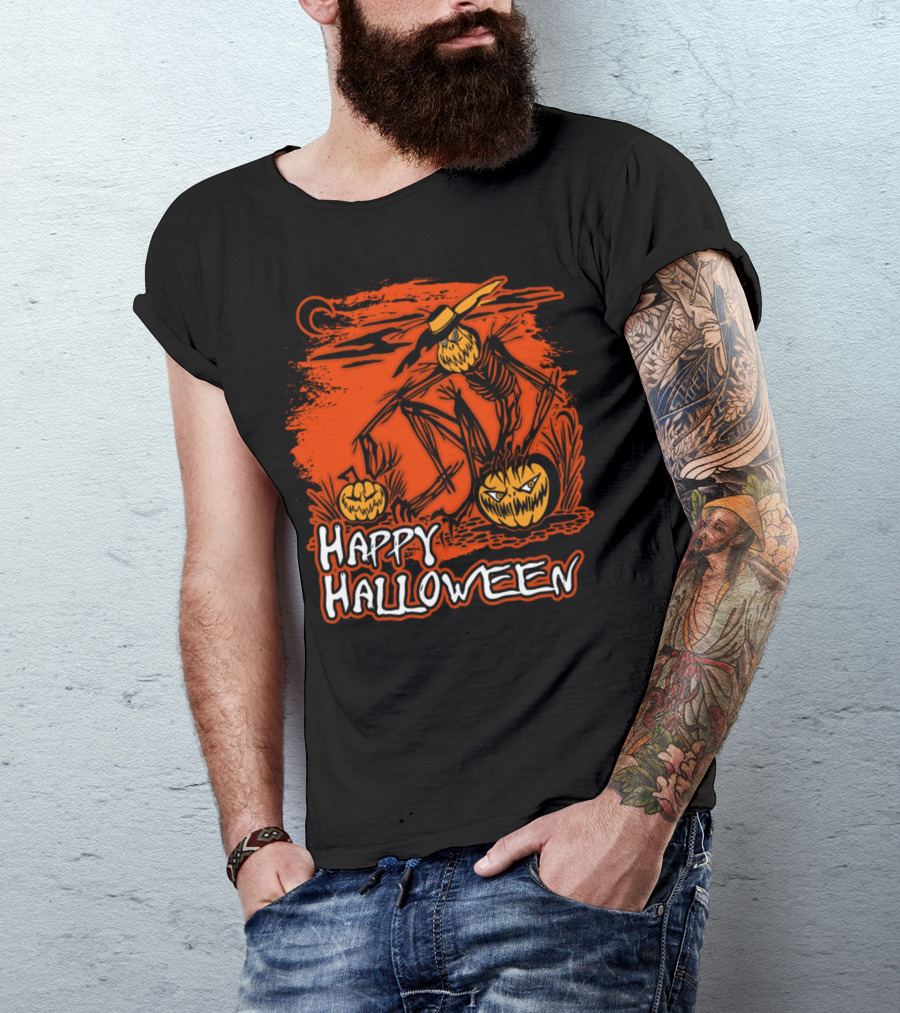 Happy Halloween Scarecrow With Pumpkins And Crescent Moon T-Shirt
