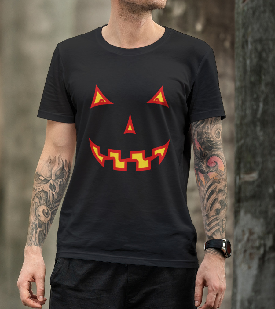 Halloween Pumpkin Scary Face With Red And Yellow Evil Grin And Eyes T-Shirt